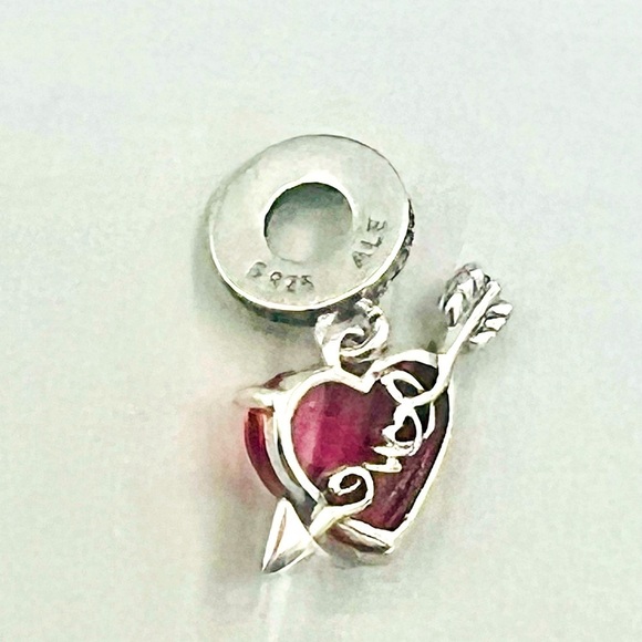 Red Heart & Love Arrow Sterling Silver S925 and Murano Glass Dangle Charm - Picture 3 of 6